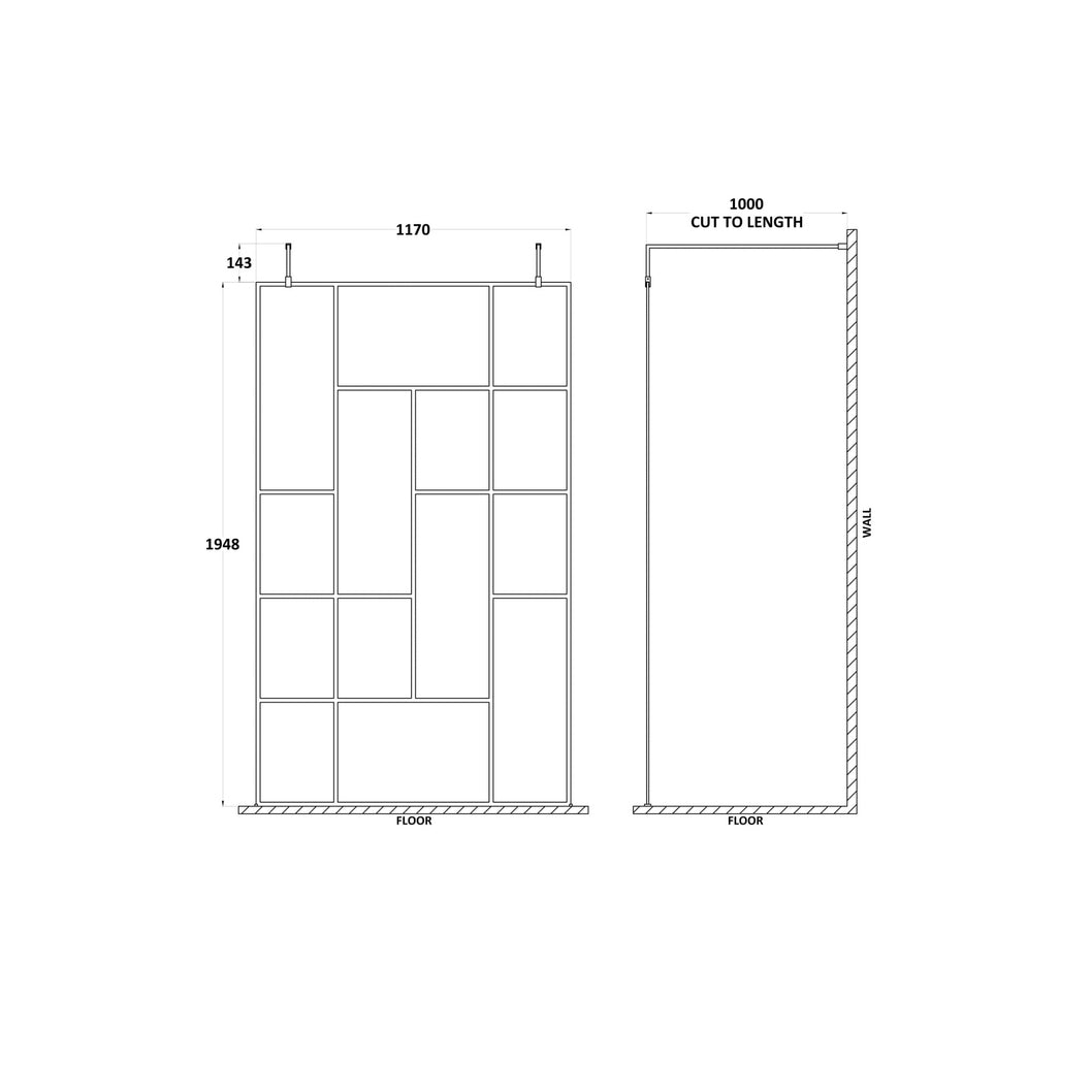 Hudson Reed Wetroom Screens 1200mm Abstract Frame Wetroom Screen With Support Bars Contemp Matt Black Aluminium 1950x1250x60mm - JJ Building Materials