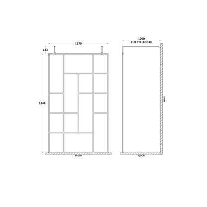 Hudson Reed Wetroom Screens 1200mm Abstract Frame Wetroom Screen With Support Bars Contemp Matt Black Aluminium 1950x1250x60mm - JJ Building Materials