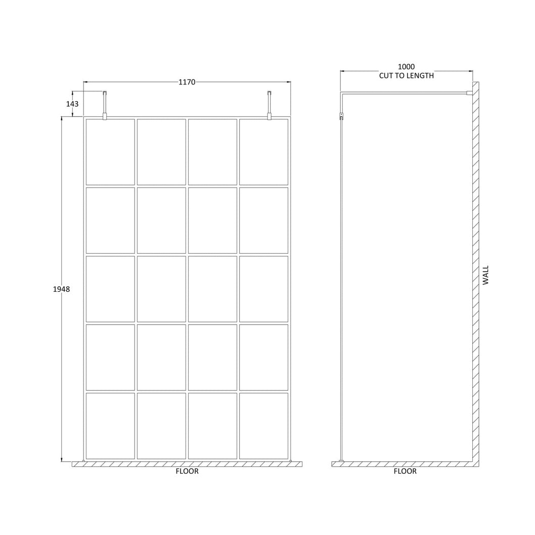 Hudson Reed Wetroom Screens 1200mm Frame Screen With Arms And Feet Contemp Matt Black Aluminium 1950x1200x14mm - JJ Building Materials