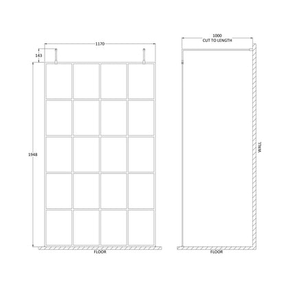 Hudson Reed Wetroom Screens 1200mm Frame Screen With Arms And Feet Contemp Matt Black Aluminium 1950x1200x14mm - JJ Building Materials