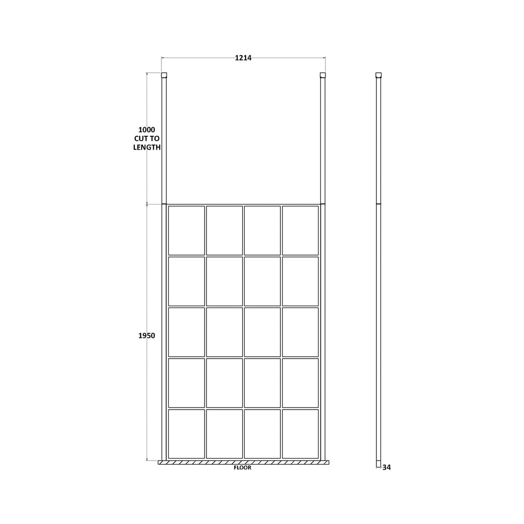 Hudson Reed Wetroom Screens 1200mm Frame Screen With Ceiling Posts Contemp Matt Black Aluminium 1950x1200x14mm - JJ Building Materials