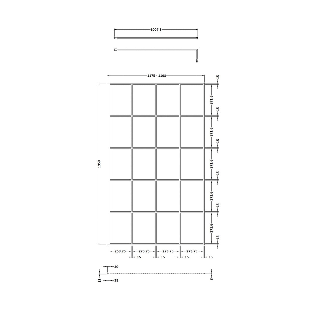 Hudson Reed Wetroom Screens 1200mm Framed Wetroom Screen Contemp Matt Black Aluminium 1950x1200x14mm - JJ Building Materials