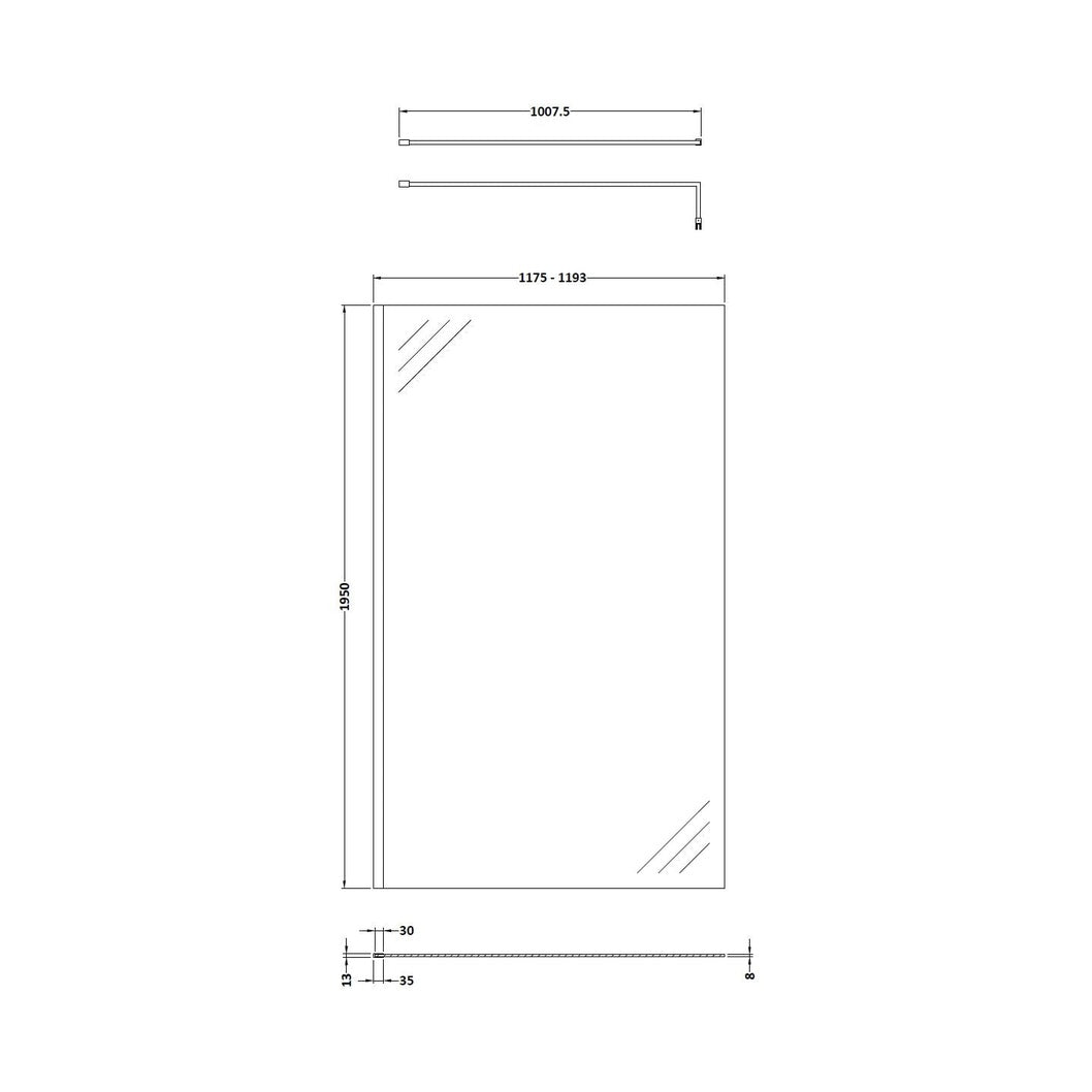 Hudson Reed Wetroom Screens 1200mm Wetroom Screen & Support Bar Contemp Chrome Aluminium 1950x1198x14mm - JJ Building Materials