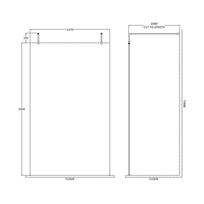 Hudson Reed Wetroom Screens 1200mm Wetroom Screen With Arms And Feet Contemp Brushed Brass Aluminium 1950x1198x14mm - JJ Building Materials