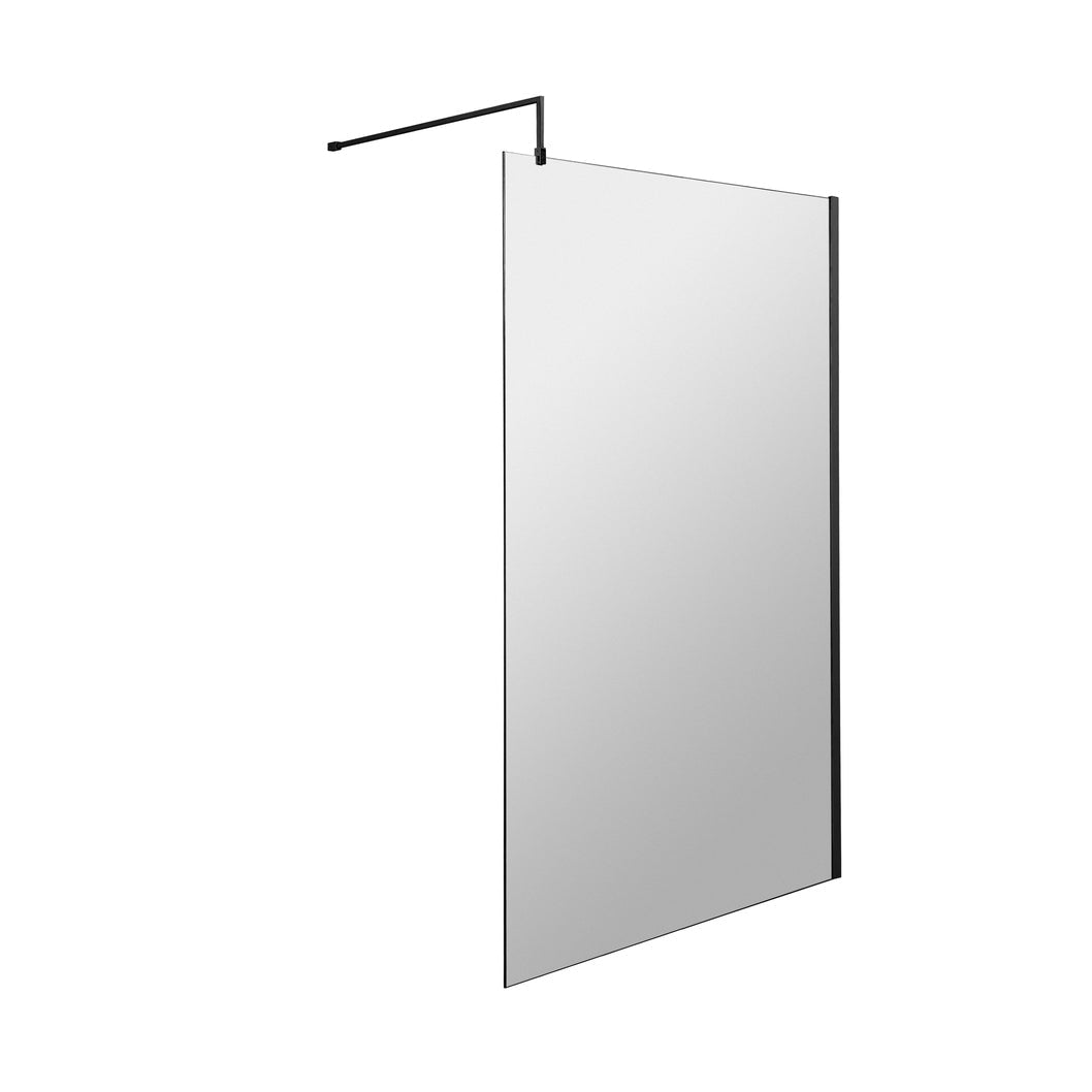 Hudson Reed Wetroom Screens 1200mm Wetroom Screen With Black Support Bar Contemp Matt Black Aluminium 1950x1200x14mm - JJ Building Materials