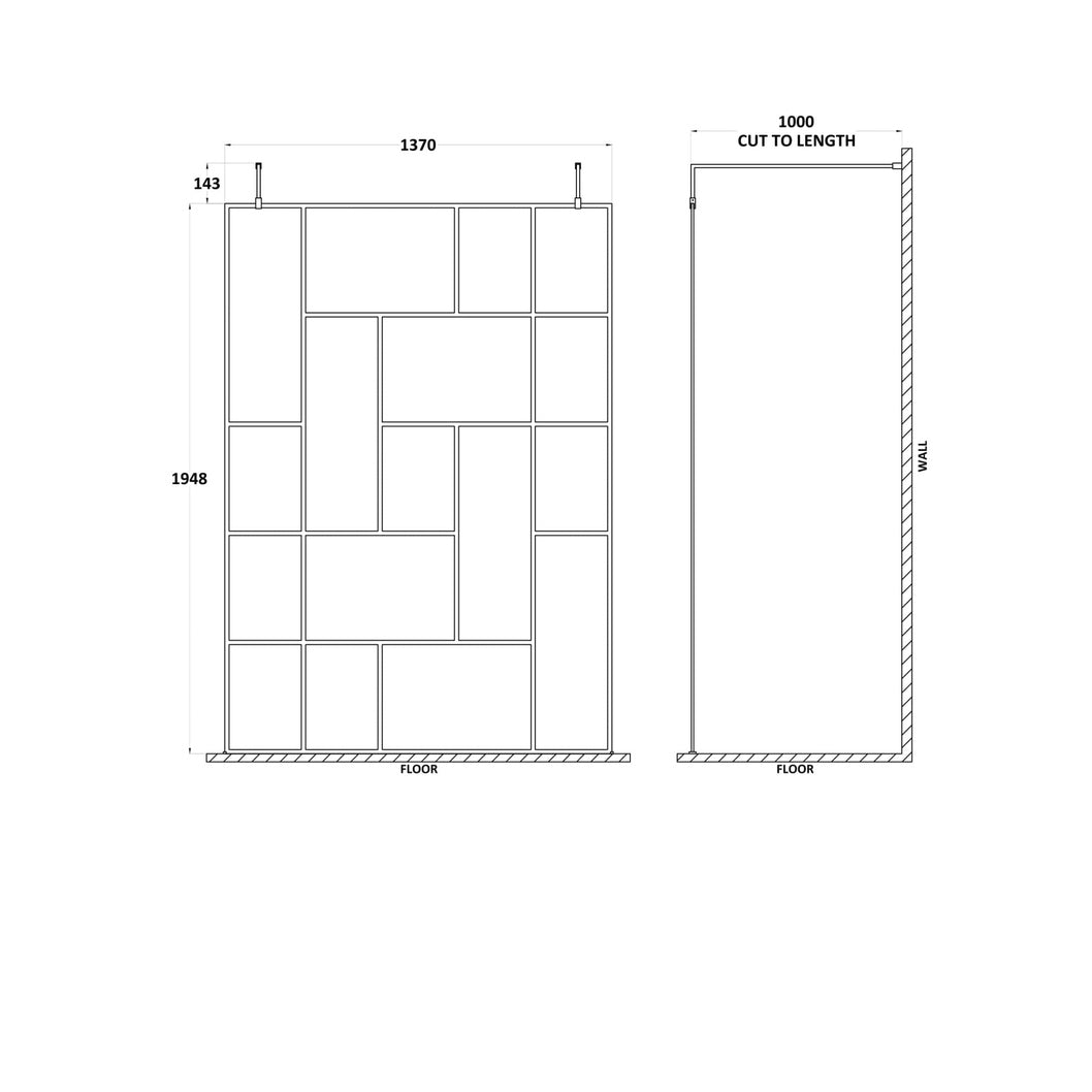Hudson Reed Wetroom Screens 1400mm Abstract Frame Wetroom Screen With Support Bars Contemp Matt Black Aluminium 1950x1450x60mm - JJ Building Materials