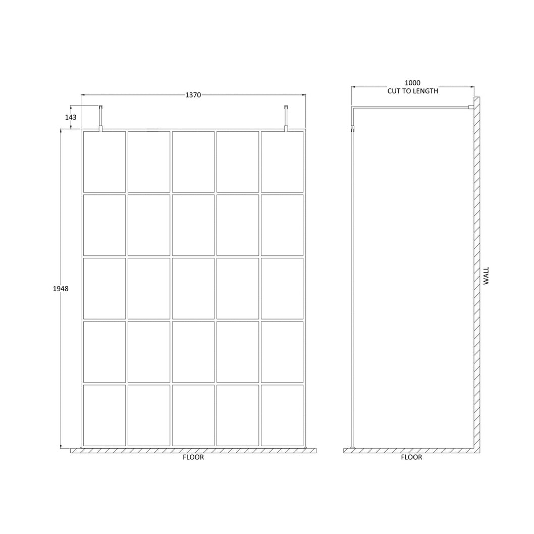 Hudson Reed Wetroom Screens 1400mm Frame Screen With Arms And Feet Contemp Matt Black Aluminium 1950x1400x14mm - JJ Building Materials