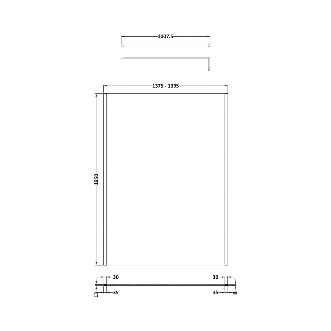 Hudson Reed Wetroom Screens 1400mm Outer Framed Wetroom Screen With Support Bar Contemp Brushed Brass Aluminium 1950x1400x14mm - WRSOBP14 - JJ Building Materials