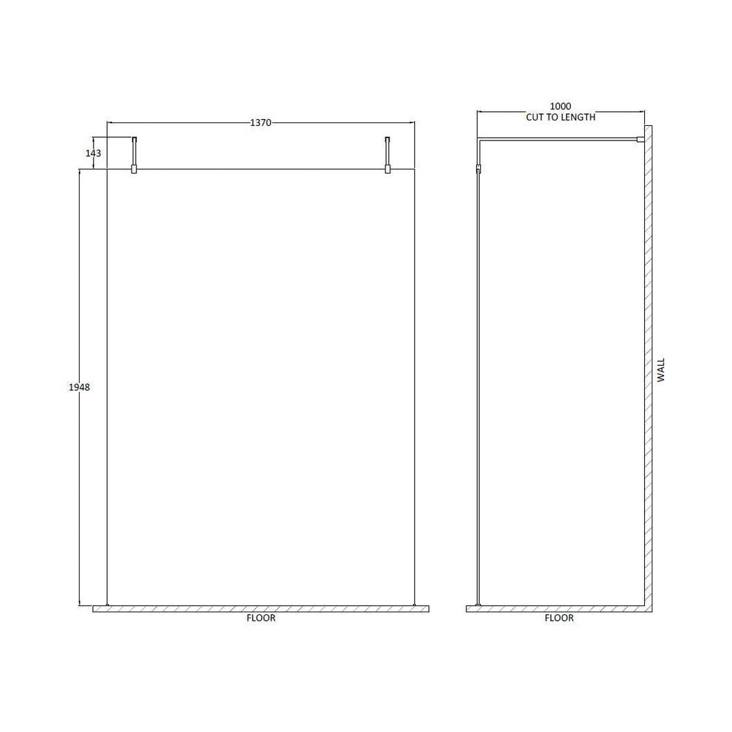 Hudson Reed Wetroom Screens 1400mm Wetroom Screen With Arms And Feet Contemp Matt Black Aluminium 1950x1400x14mm - JJ Building Materials