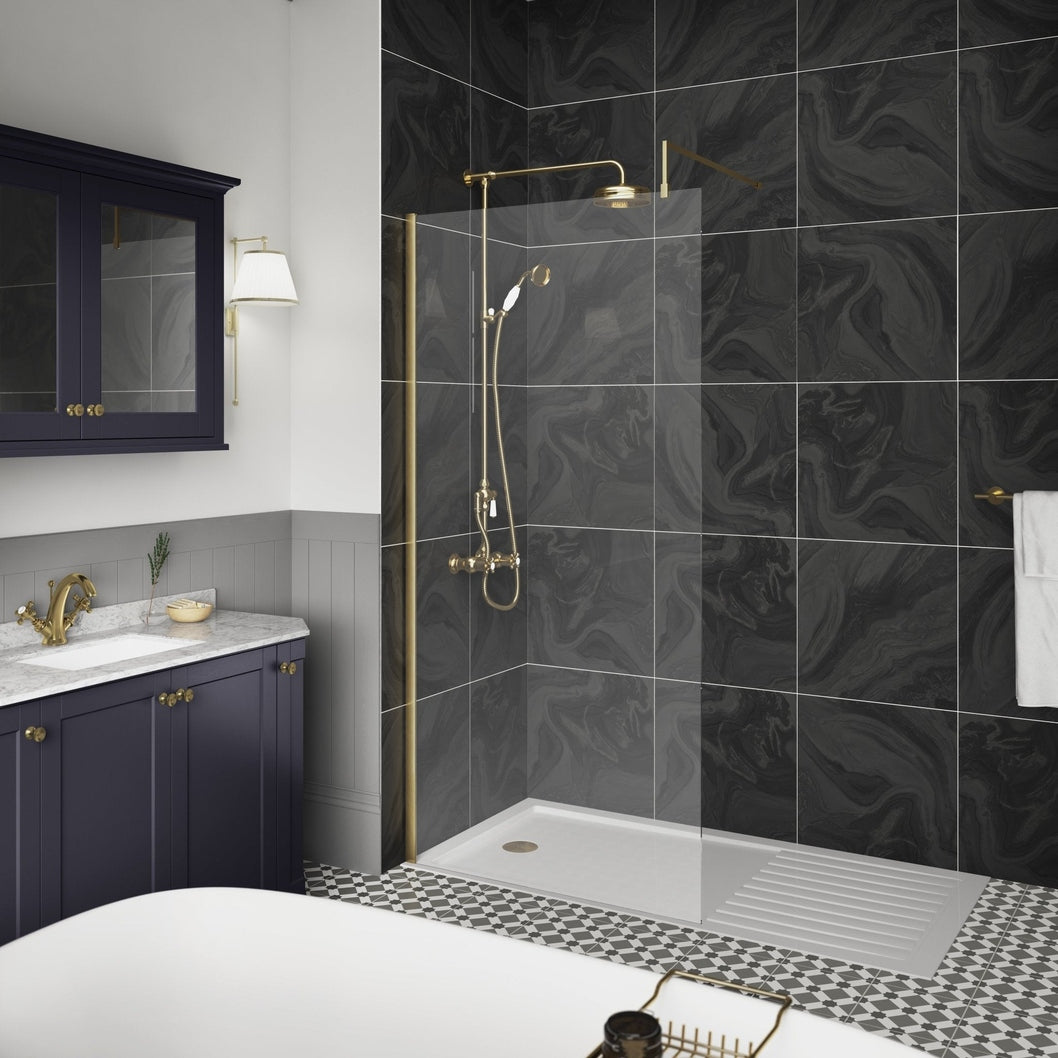 Hudson Reed Wetroom Screens 1400mm Wetroom Screen With Brass Support Bar Contemp Brushed Brass Aluminium 1950x1400x14mm - JJ Building Materials