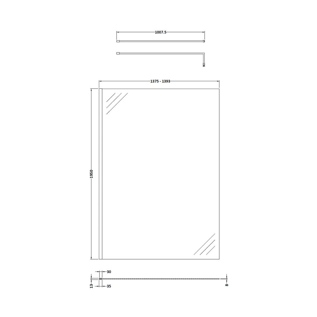 Hudson Reed Wetroom Screens 1400mm Wetroom Screen With Brass Support Bar Contemp Brushed Brass Aluminium 1950x1400x14mm - JJ Building Materials
