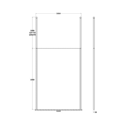 Hudson Reed Wetroom Screens 1400mm Wetroom Screen With Ceiling Posts Contemp Matt Black Aluminium 1950x1400x14mm - JJ Building Materials