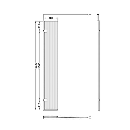 Hudson Reed Wetroom Screens 300x1950 Fluted Hinged Screen With Support Bar Contemp Brushed Brass Aluminium 1950x322x27mm - JJ Building Materials