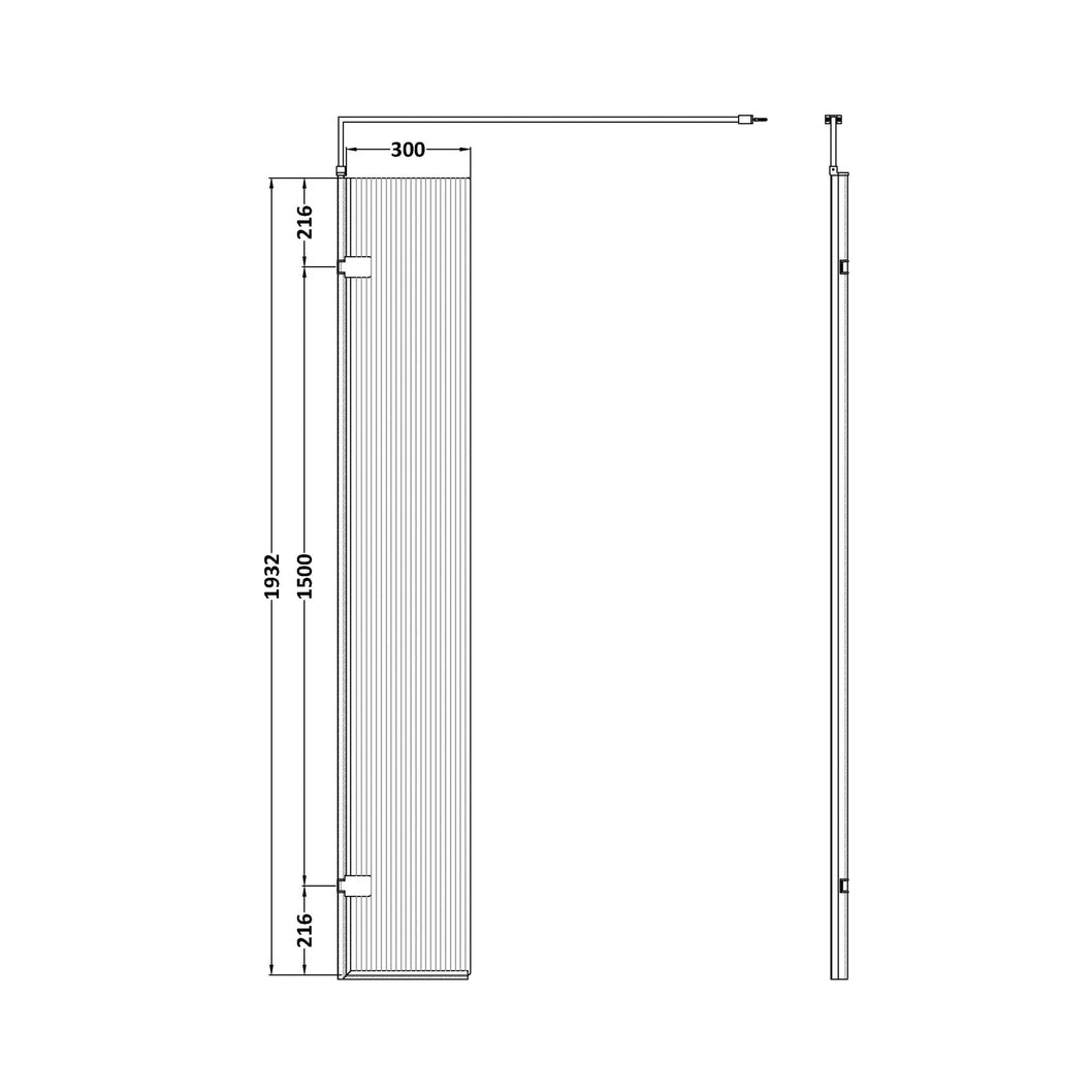 Hudson Reed Wetroom Screens 300x1950 Fluted Hinged Screen With Support Bar Contemp Chrome Aluminium 1950x322x27mm - JJ Building Materials