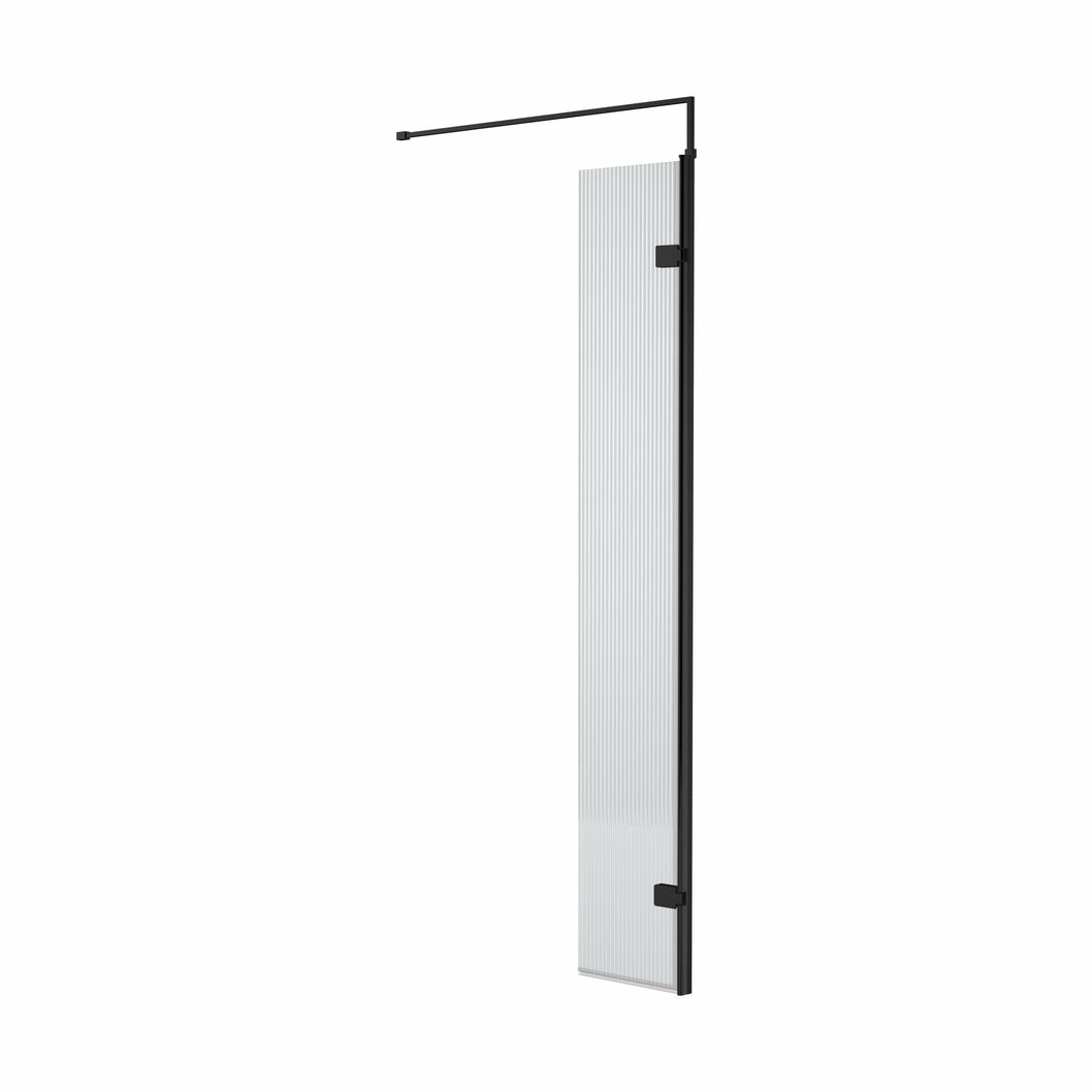 Hudson Reed Wetroom Screens 300x1950 Fluted Hinged Screen With Support Bar Contemp Matt Black Aluminium 1950x322x27mm - JJ Building Materials