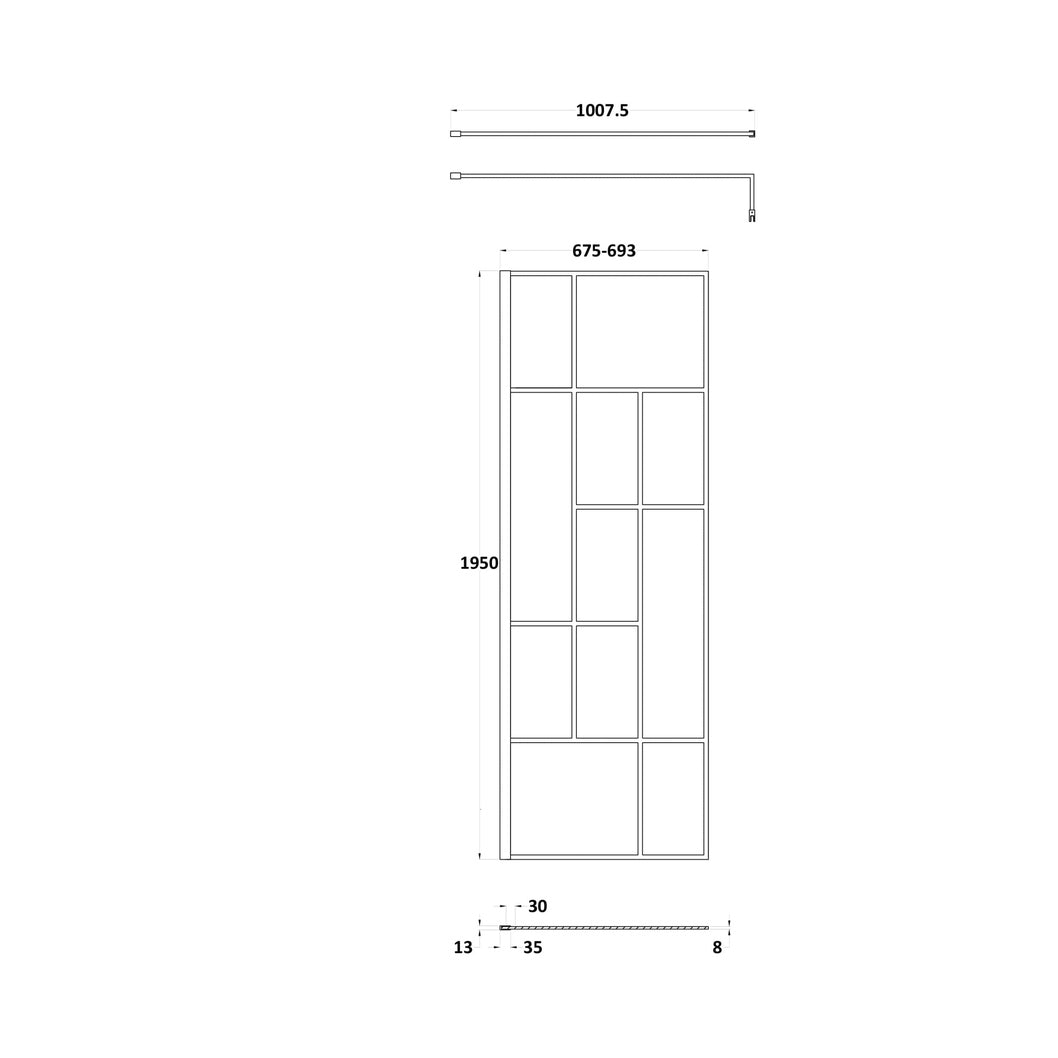 Hudson Reed Wetroom Screens 700mm Abstract Frame Wetroom Screen Contemp Matt Black Aluminium 1950x700x14mm - JJ Building Materials