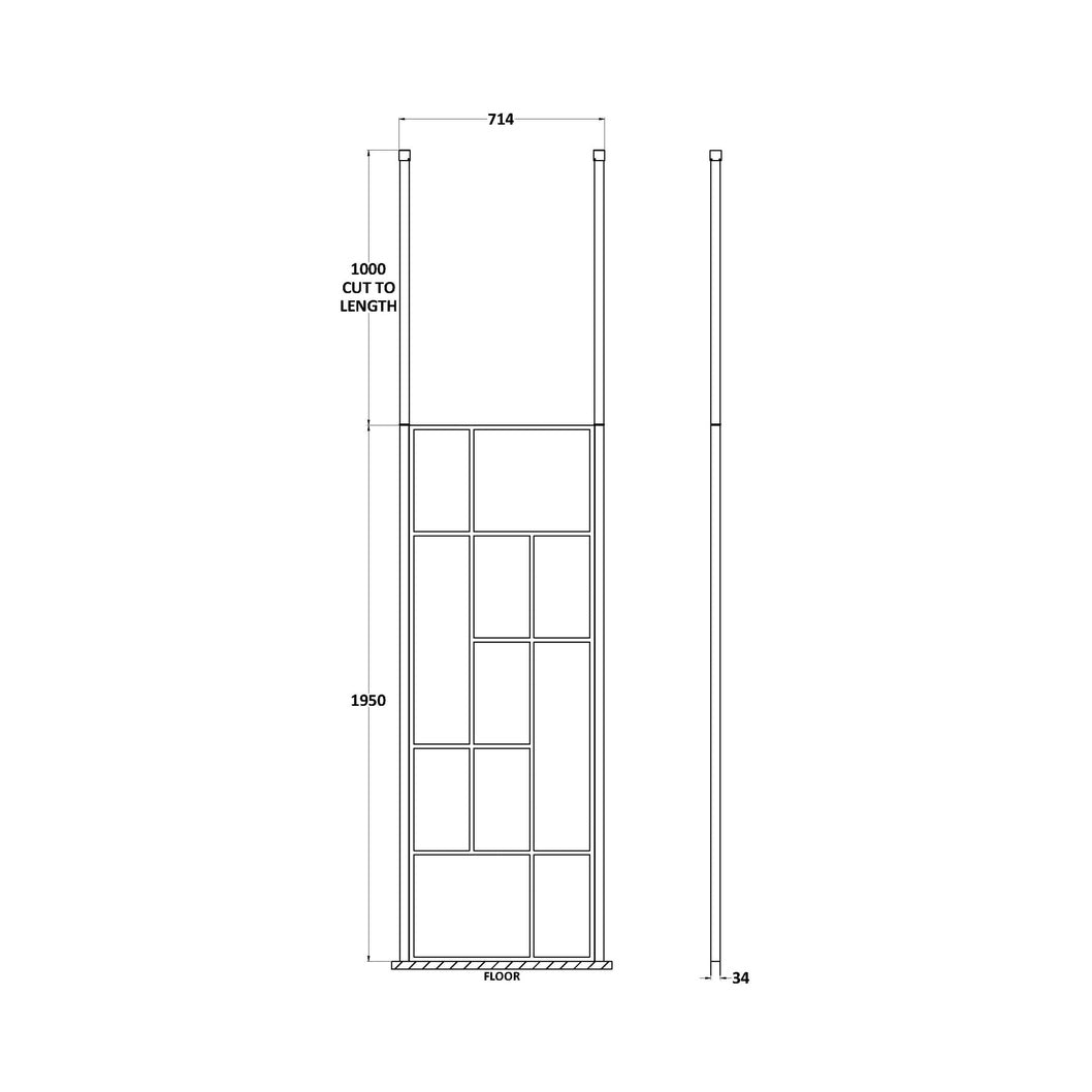 Hudson Reed Wetroom Screens 700mm Abstract Frame Wetroom Screen With Ceiling Posts Contemp Matt Black Aluminium 1950x750x60mm - JJ Building Materials