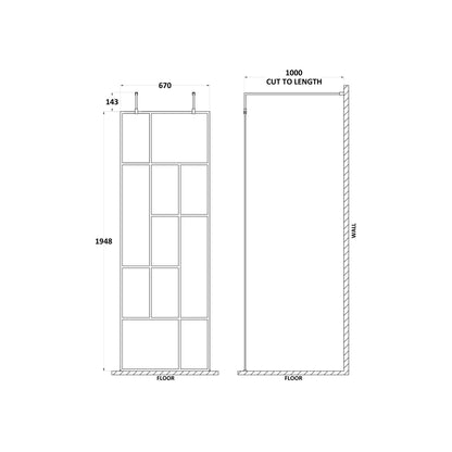 Hudson Reed Wetroom Screens 700mm Abstract Frame Wetroom Screen With Support Bars Contemp Matt Black Aluminium 1950x750x60mm - JJ Building Materials