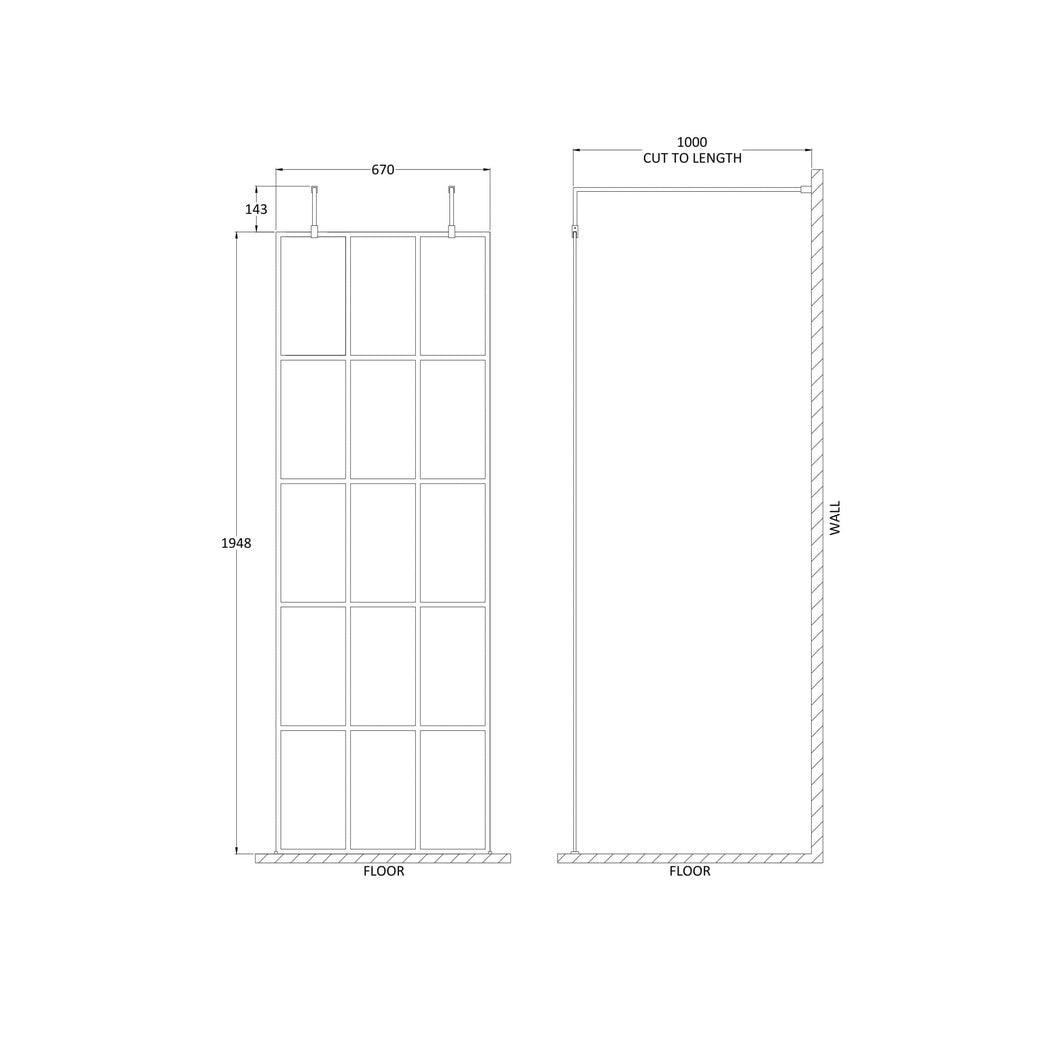 Hudson Reed Wetroom Screens 700mm Frame Screen With Arms And Feet Contemp Matt Black Aluminium 1950x700x14mm - JJ Building Materials