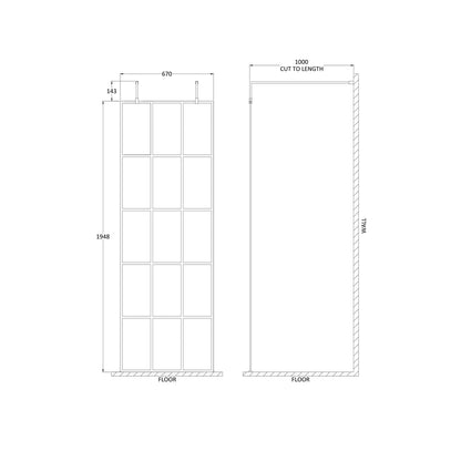 Hudson Reed Wetroom Screens 700mm Frame Screen With Arms And Feet Contemp Matt Black Aluminium 1950x700x14mm - JJ Building Materials