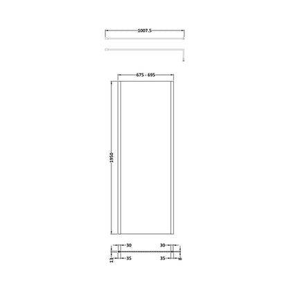 Hudson Reed Wetroom Screens 700mm Outer Framed Wetroom Screen With Support Bar Contemp Brushed Brass Aluminium 1950x700x14mm - JJ Building Materials