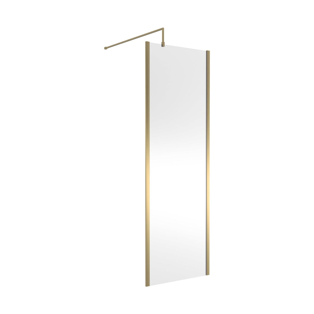Hudson Reed Wetroom Screens 700mm Outer Framed Wetroom Screen With Support Bar Contemp Brushed Brass Aluminium 1950x700x14mm - JJ Building Materials