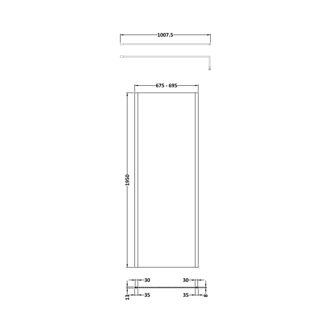 Hudson Reed Wetroom Screens 700mm Outer Framed Wetroom Screen With Support Bar Contemp Matt Black Aluminium 1950x700x14mm - JJ Building Materials