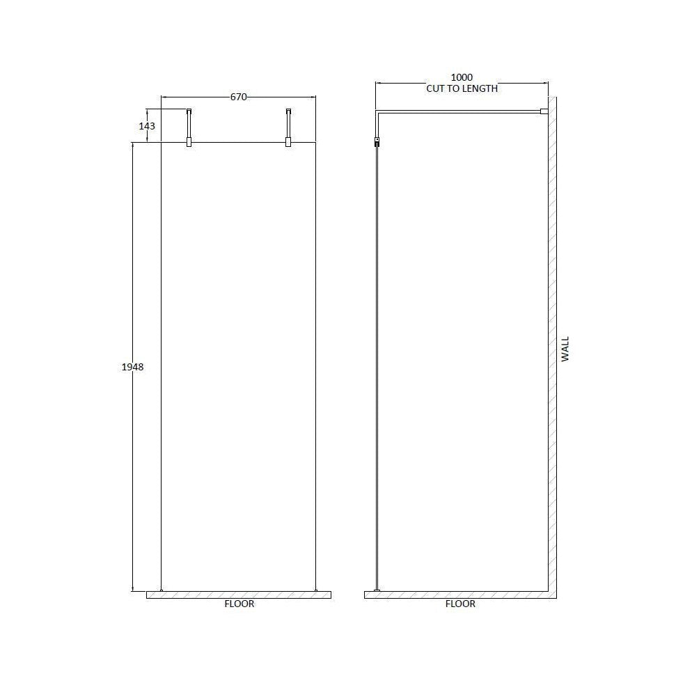 Hudson Reed Wetroom Screens 700mm Wetroom Screen With Arms And Feet Contemp Matt Black Aluminium 1950x700x14mm - JJ Building Materials