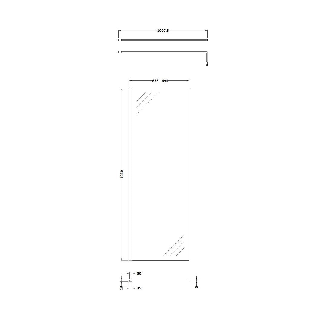 Hudson Reed Wetroom Screens 700mm Wetroom Screen With Black Support Bar Contemp Matt Black Aluminium 1950x700x14mm - JJ Building Materials
