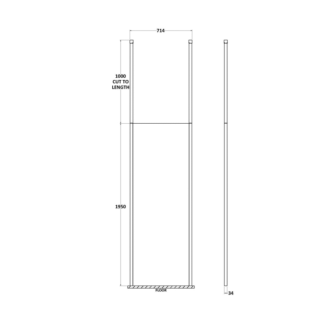 Hudson Reed Wetroom Screens 700mm Wetroom Screen With Ceiling Posts Contemp Matt Black Aluminium 1950x700x14mm - JJ Building Materials