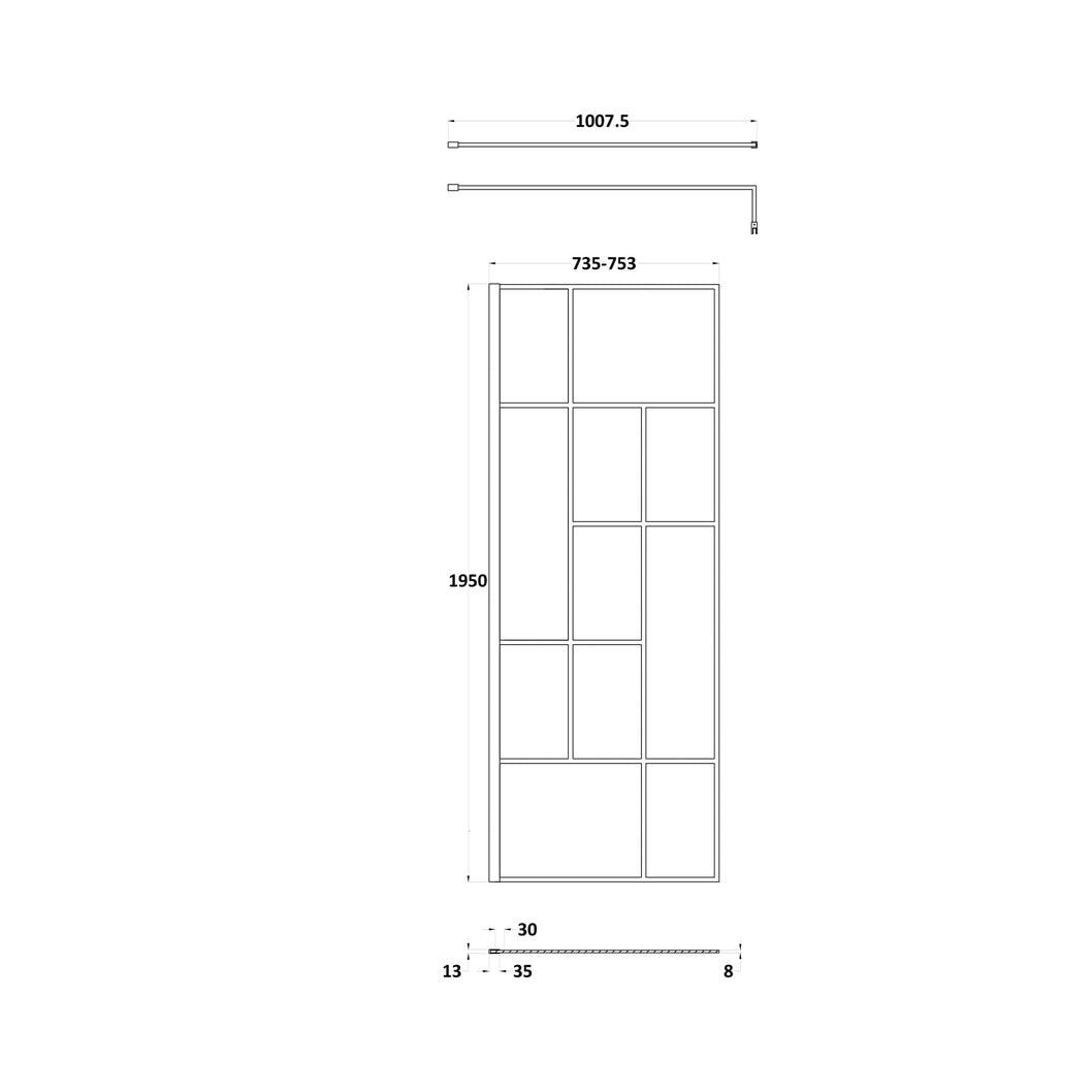 Hudson Reed Wetroom Screens 760mm Abstract Frame Wetroom Screen Contemp Matt Black Aluminium 1950x760x14mm - JJ Building Materials