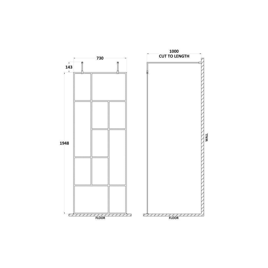 Hudson Reed Wetroom Screens 760mm Abstract Frame Wetroom Screen With Support Bars Contemp Matt Black Aluminium 1950x810x60mm - JJ Building Materials