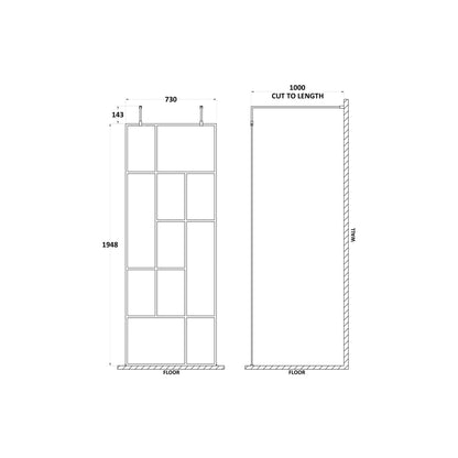 Hudson Reed Wetroom Screens 760mm Abstract Frame Wetroom Screen With Support Bars Contemp Matt Black Aluminium 1950x810x60mm - JJ Building Materials