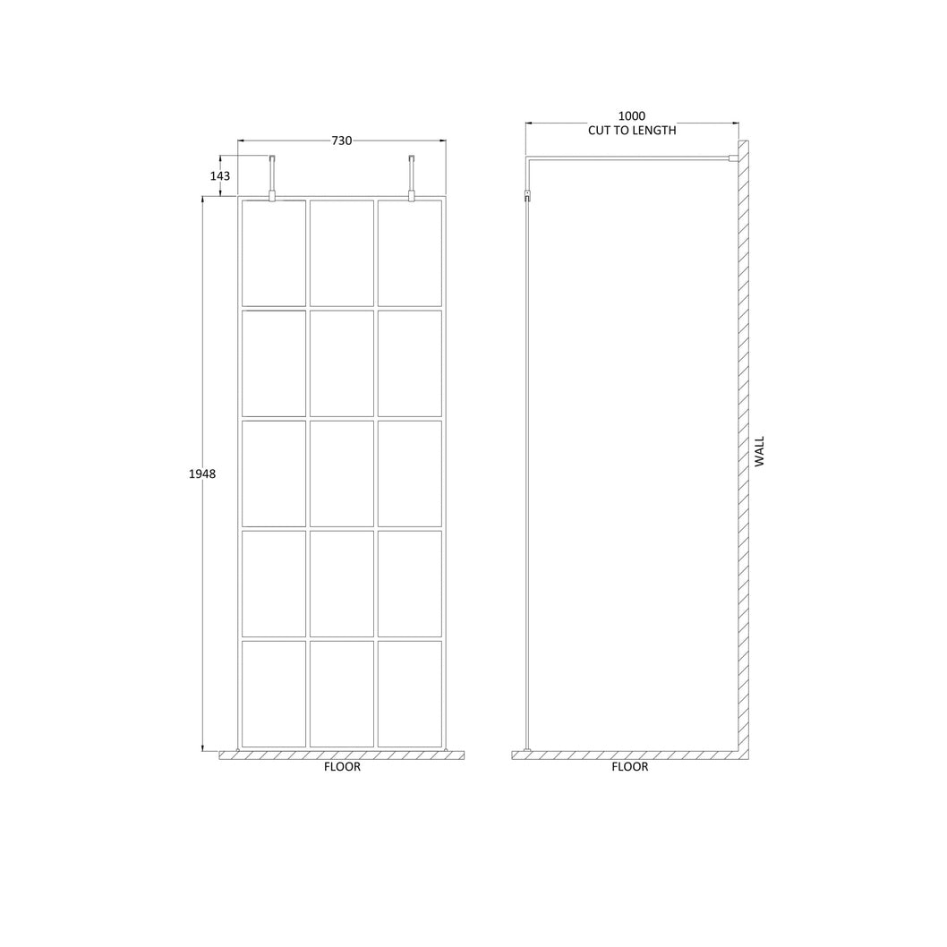 Hudson Reed Wetroom Screens 760mm Frame Screen With Arms And Feet Contemp Matt Black Aluminium 1950x760x14mm - JJ Building Materials