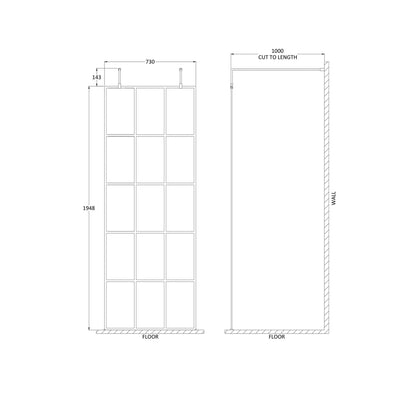 Hudson Reed Wetroom Screens 760mm Frame Screen With Arms And Feet Contemp Matt Black Aluminium 1950x760x14mm - JJ Building Materials