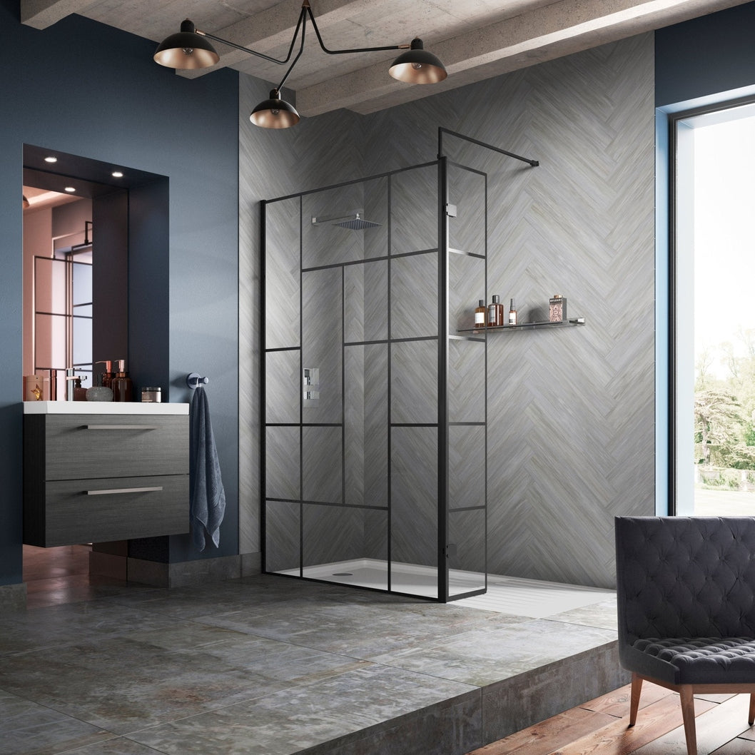 Hudson Reed Wetroom Screens 800mm Abstract Frame Wetroom Screen Contemp Matt Black Aluminium 1950x800x14mm - JJ Building Materials