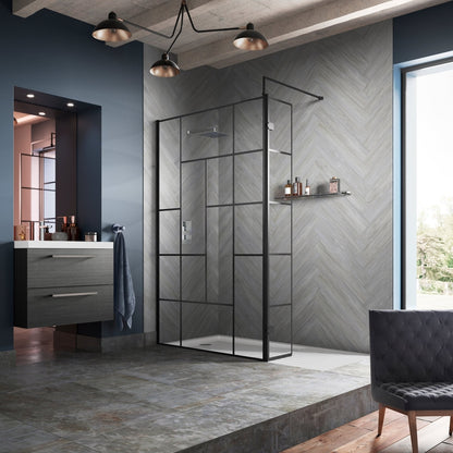 Hudson Reed Wetroom Screens 800mm Abstract Frame Wetroom Screen Contemp Matt Black Aluminium 1950x800x14mm - JJ Building Materials
