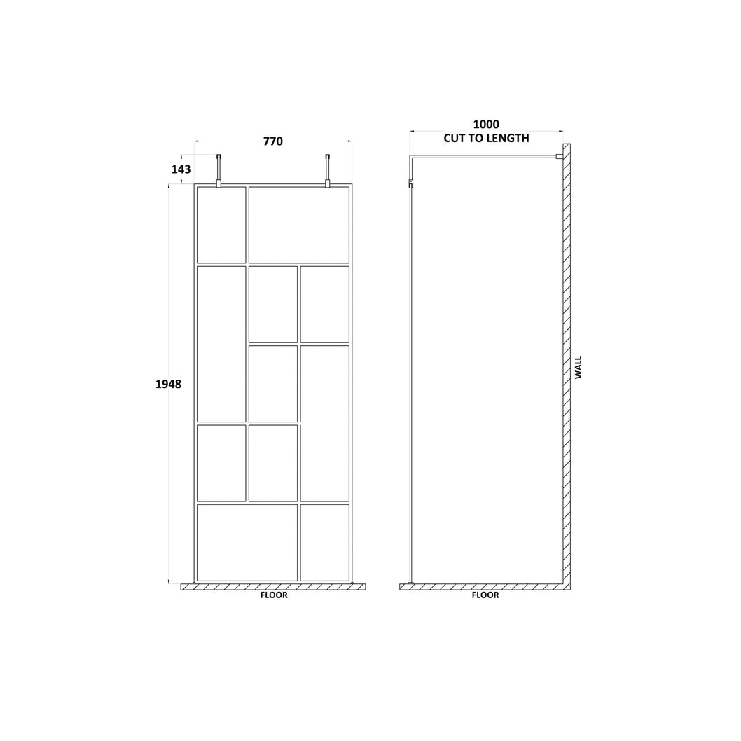 Hudson Reed Wetroom Screens 800mm Abstract Frame Wetroom Screen With Support Bars Contemp Matt Black Aluminium 1950x850x60mm - JJ Building Materials