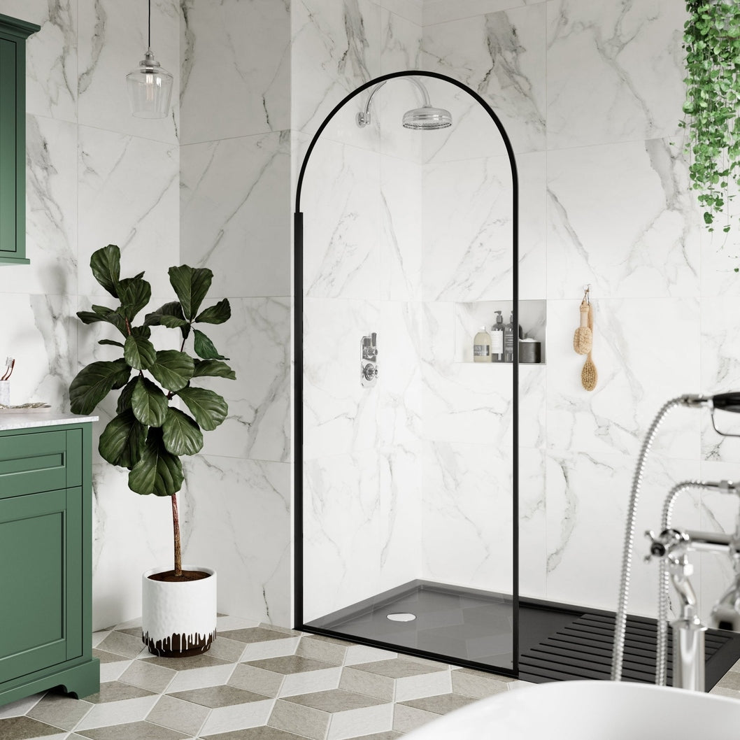 Hudson Reed Wetroom Screens 800mm Arched Wetroom Screen Contemp Matt Black Aluminium 1950x793x14mm - JJ Building Materials