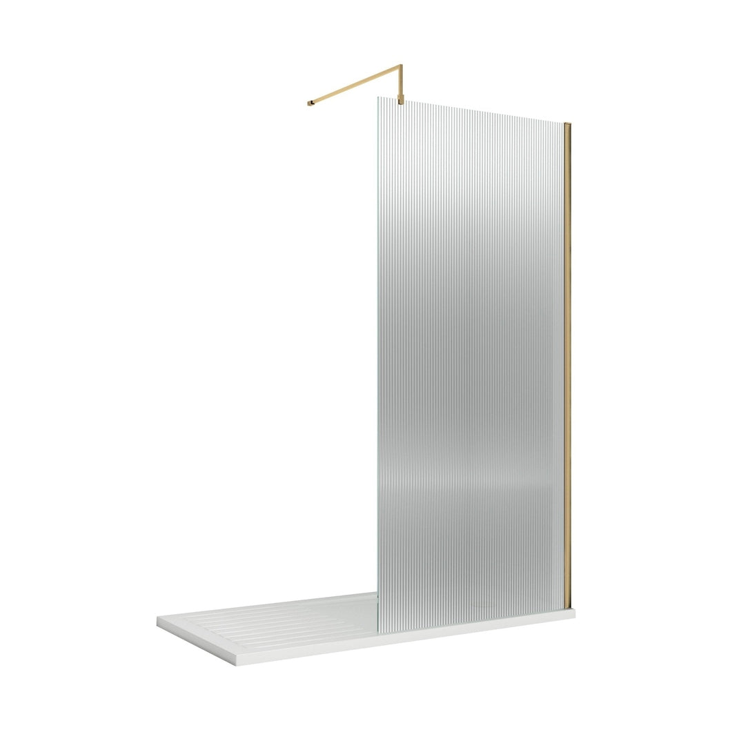 Hudson Reed Wetroom Screens 800mm Fluted Wetroom Screen With Support Bar Contemp Brushed Brass Aluminium 2070x850x1970mm - JJ Building Materials