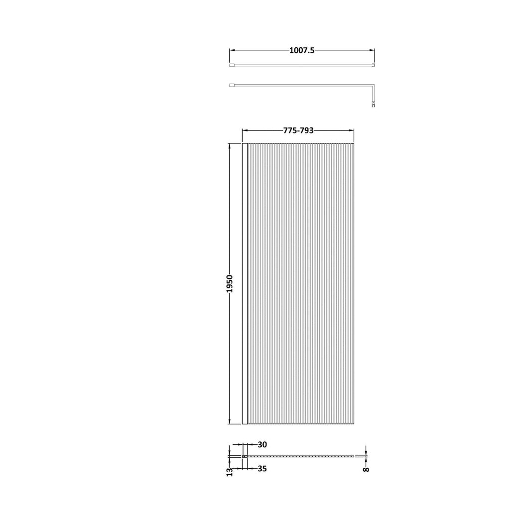 Hudson Reed Wetroom Screens 800mm Fluted Wetroom Screen With Support Bar Contemp Matt Black Aluminium 2070x850x1970mm - JJ Building Materials