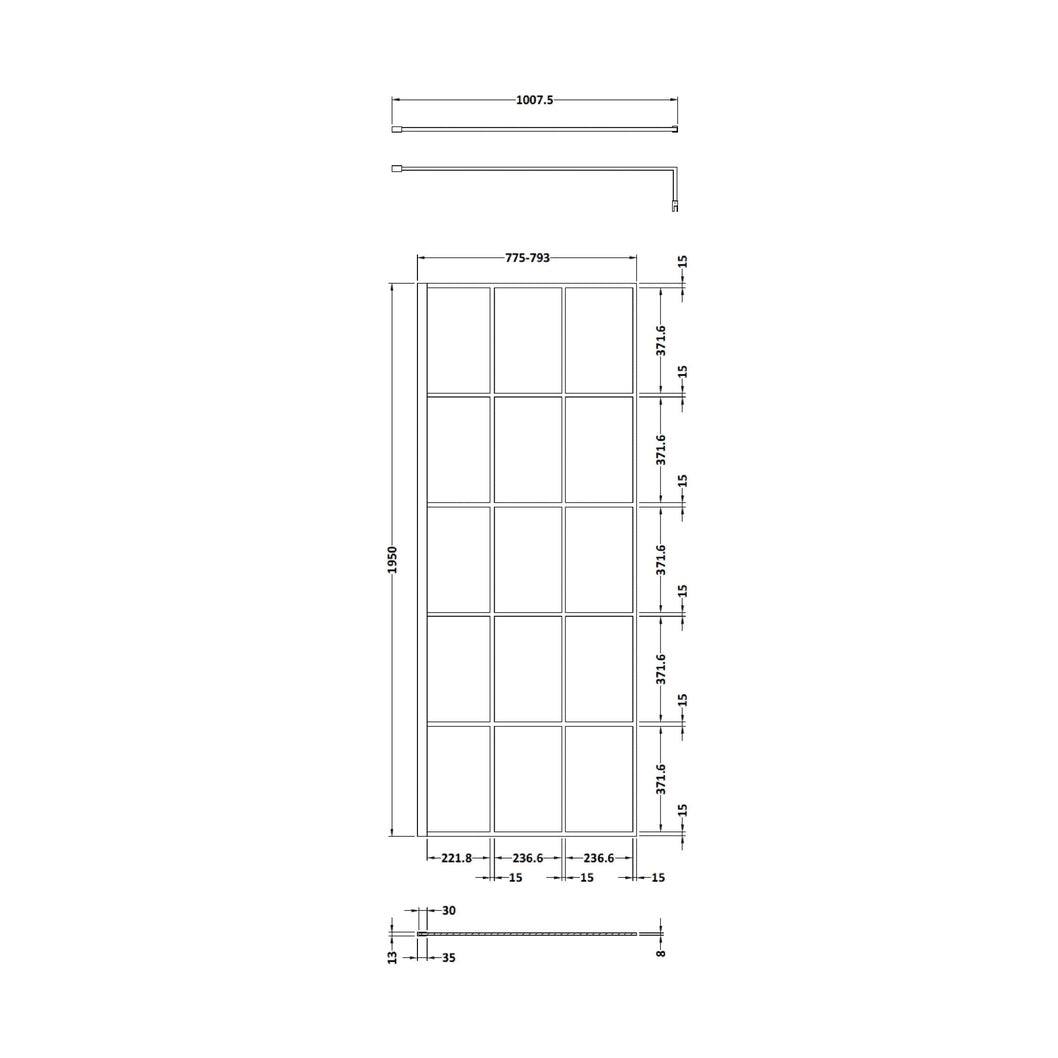 Hudson Reed Wetroom Screens 800mm Framed Wetroom Screen Contemp Matt Black Aluminium 1950x800x14mm - JJ Building Materials