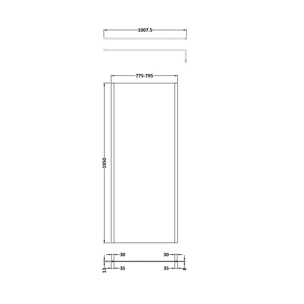 Hudson Reed Wetroom Screens 800mm Outer Framed Wetroom Screen With Support Bar Contemp Brushed Brass Aluminium 1950x800x14mm - JJ Building Materials