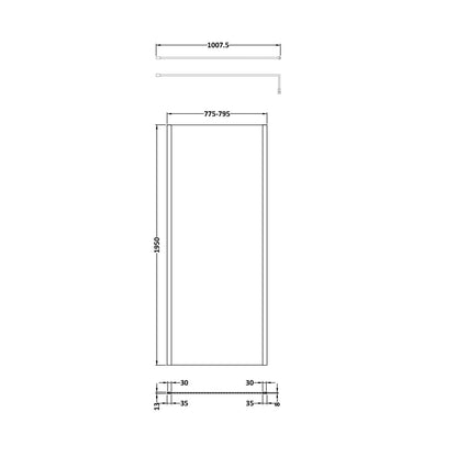 Hudson Reed Wetroom Screens 800mm Outer Framed Wetroom Screen With Support Bar Contemp Brushed Brass Aluminium 1950x800x14mm - JJ Building Materials