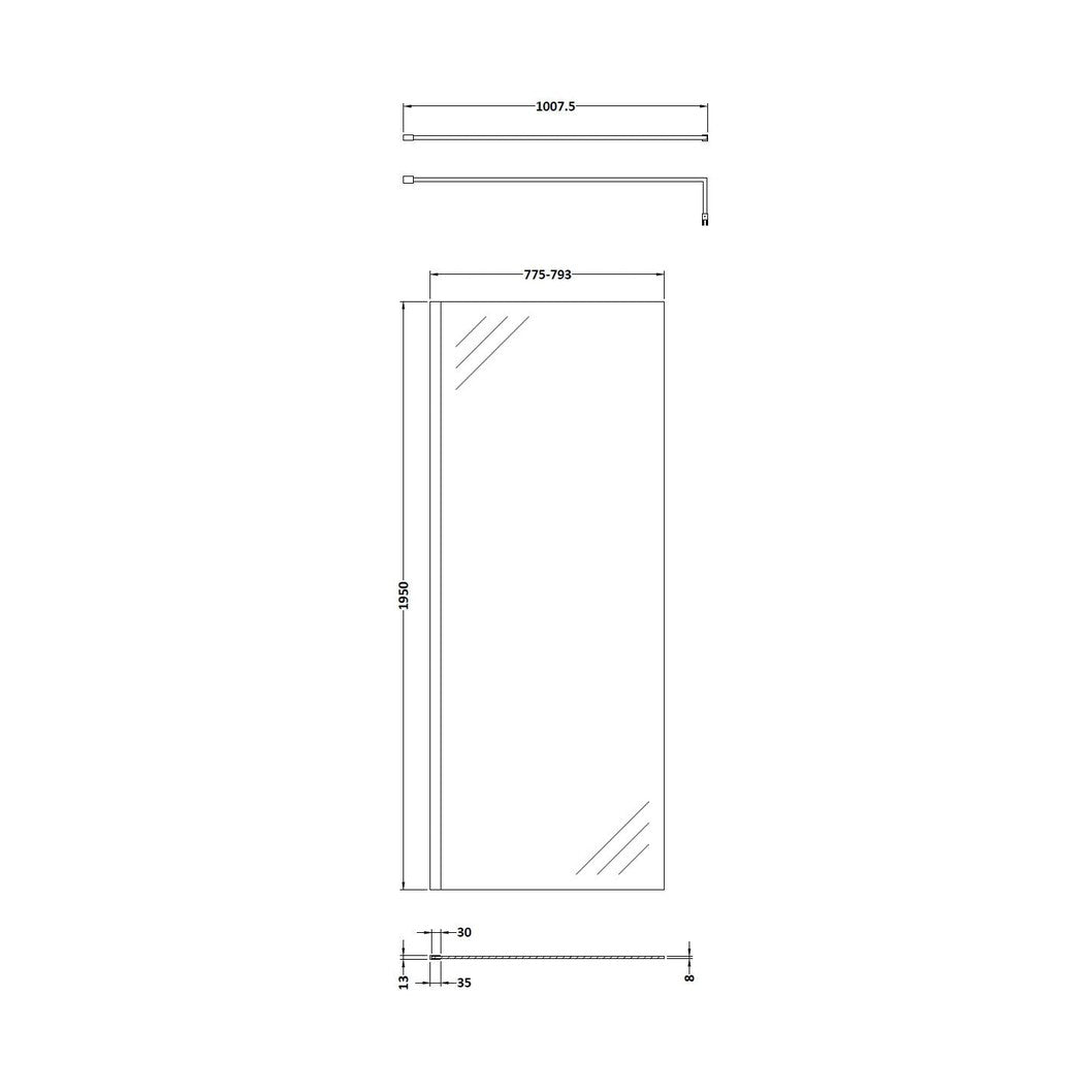 Hudson Reed Wetroom Screens 800mm Wetroom Screen With Black Support Bar Contemp Matt Black Aluminium 1950x800x14mm - JJ Building Materials