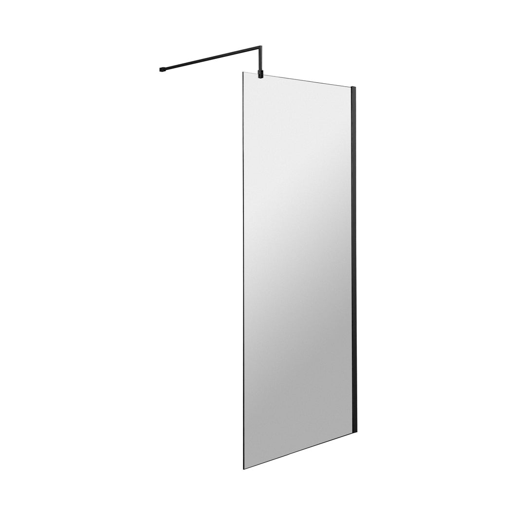 Hudson Reed Wetroom Screens 800mm Wetroom Screen With Black Support Bar Contemp Matt Black Aluminium 1950x800x14mm - JJ Building Materials
