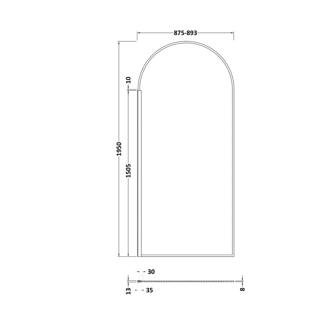 Hudson Reed Wetroom Screens 900mm Arched Wetroom Screen Contemp Matt Black Aluminium 1950x893x14mm - JJ Building Materials