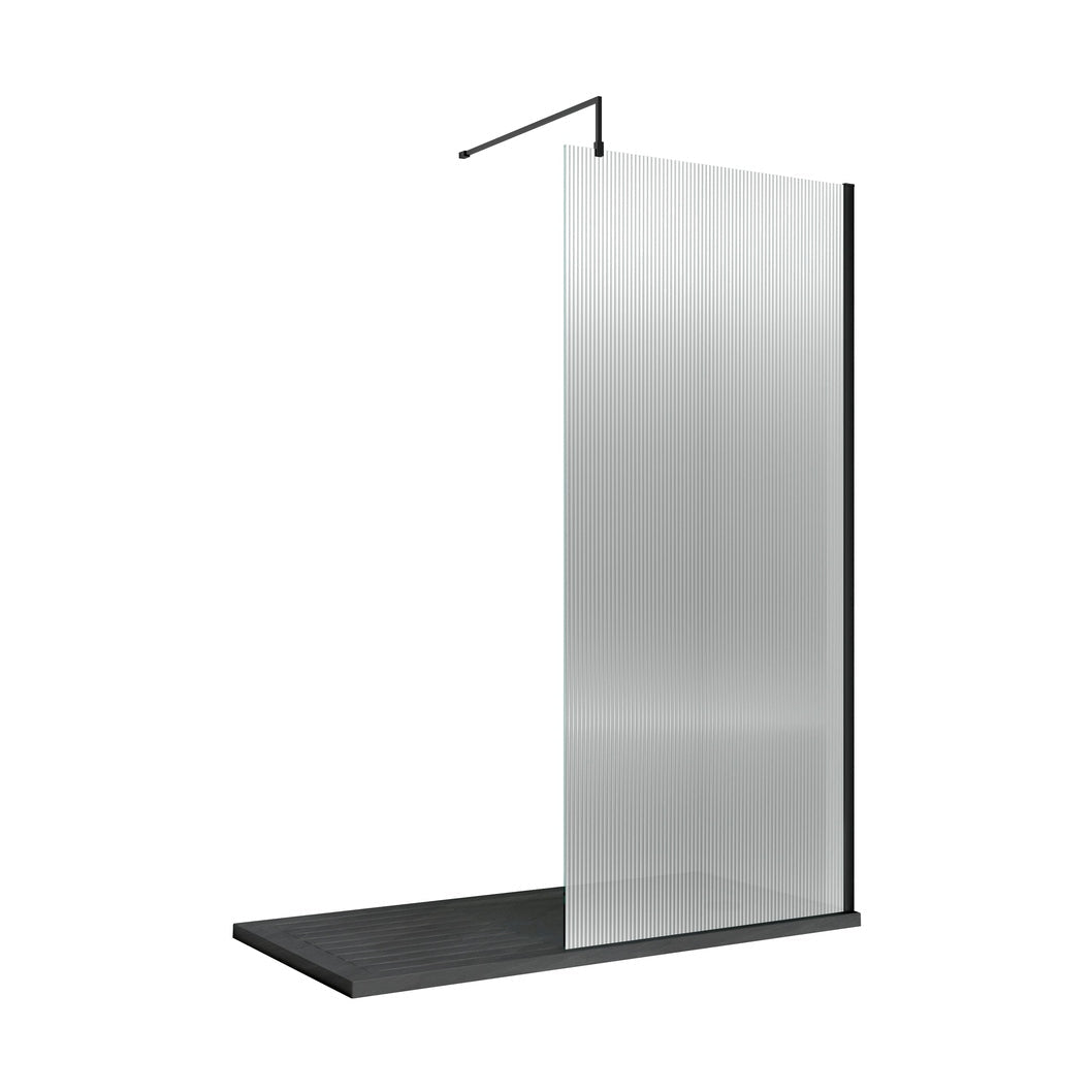 Hudson Reed Wetroom Screens 900mm Fluted Wetroom Screen With Support Bar Contemp Matt Black Aluminium 2070x950x1970mm - JJ Building Materials