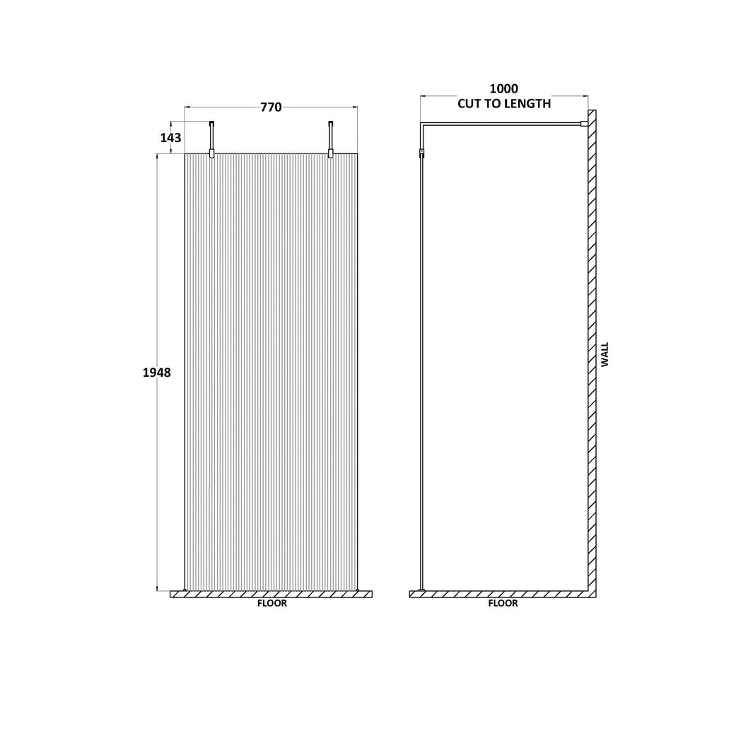 Hudson Reed Wetroom Screens 900mm Fluted Wetroom Scren With Arms & Feet Contemp Brushed Brass Aluminium 2070x950x1000mm - JJ Building Materials