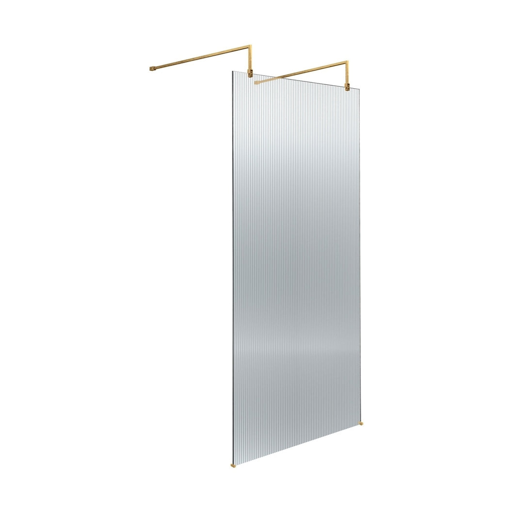 Hudson Reed Wetroom Screens 900mm Fluted Wetroom Scren With Arms & Feet Contemp Brushed Brass Aluminium 2070x950x1000mm - JJ Building Materials